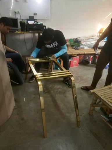 Product brass bench with teak wood