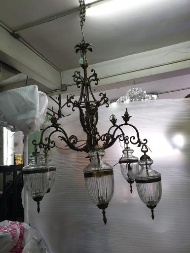 Hanging Lamp 6 arm brass with cut glass size Dimension 70 cm. Long 110 cm including glass.