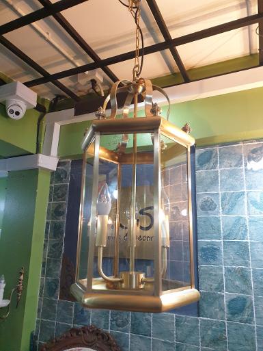 Brass hanging lamp hexagon with normal glass Item Code HGL02A2 size H 650 mm wide 320 mm chain 50cm