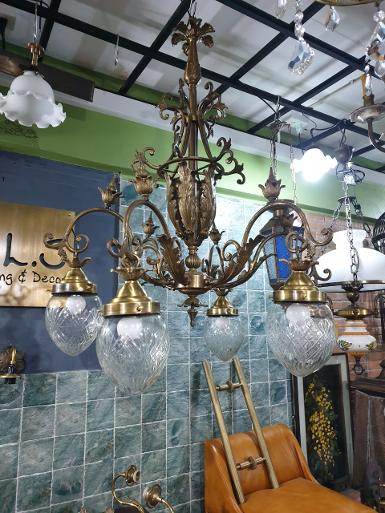 Hanging Lamp brass with cut glass 6 arm Item Code AT365 size W 76 cm glass 11 cm. L 94 cm