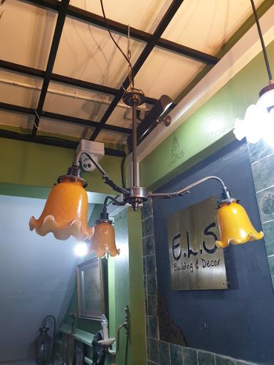 Hanging Lamp brass with yellow shade 3 light Item code HGL3L size wide 620 mm high 500 mm.