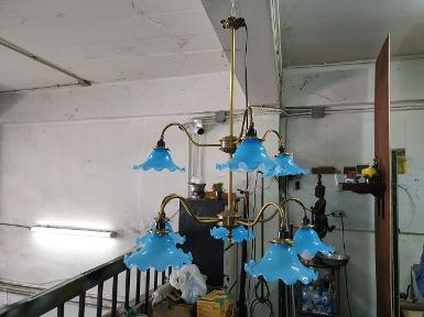 Hanging Lamp 8 arm brass with glass Item Code HGL2F8 size wide 700 mm. high 1100 mm.ze 